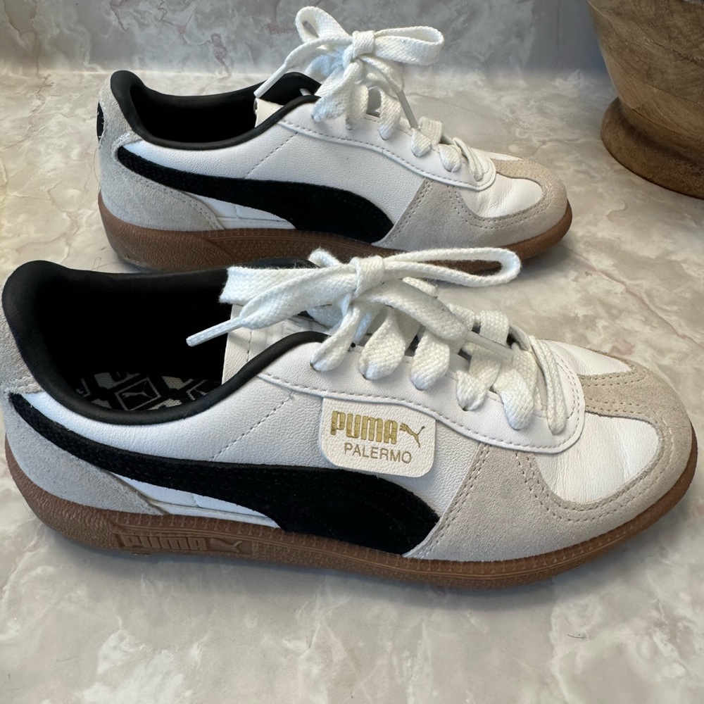 Puma Palermo White and Black Sneakers with Tan Sole